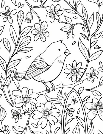 Floral seamless pattern with birds and flowers. Coloring book antistress for children and adults.の素材