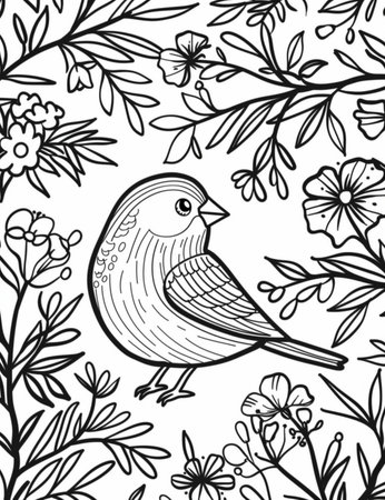 Bird and flowers. Coloring book for adults. Black and white vector illustration.の素材