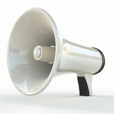A modern, shiny white megaphone speaker depicted against a clean white background with subtle reflections, highlighting its sleek design.の素材