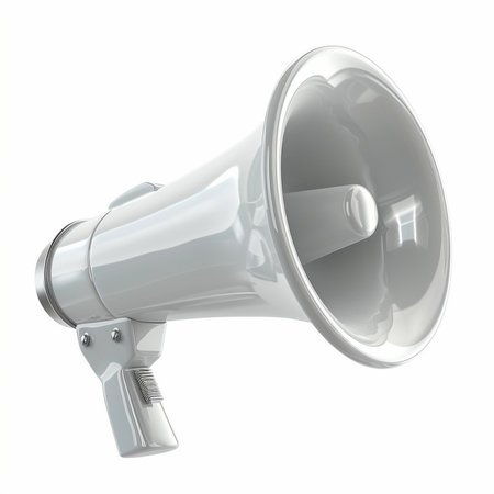 A modern, glossy white megaphone or bullhorn isolated on a white background, ready for any communication or alert need.の素材