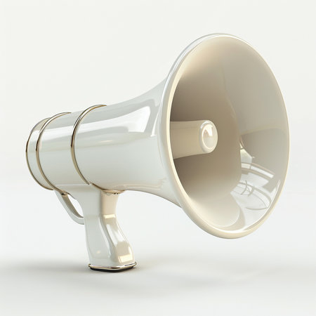 A modern white megaphone featuring subtle golden rings, presented on a clean, light gray studio background. Isolated object.の素材