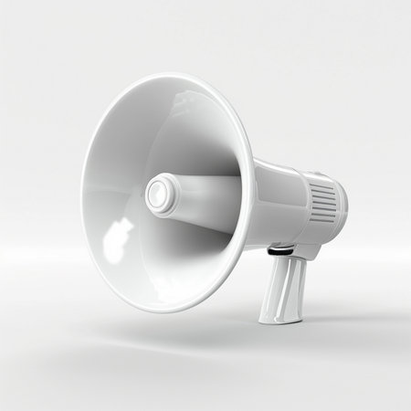 A clean, white megaphone presented in a studio setting on a seamless white backdrop. The object is slightly angled and casts a soft shadow.の素材