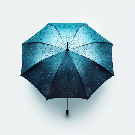 Blue umbrella with water drops isolated on white background. 3d illustrationの素材