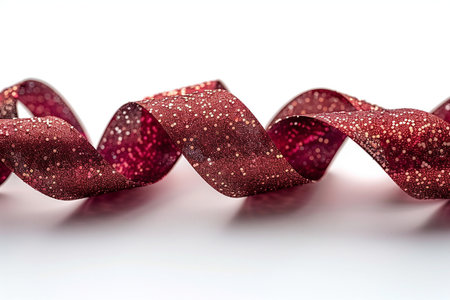 Elegant maroon ribbon with glitter, creating a dynamic swirl against a bright white background. Perfect for festive or decorative designs.の素材