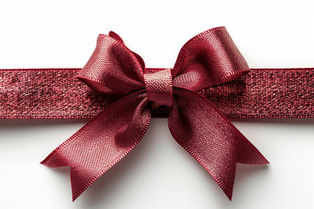 A detailed view of a lustrous red ribbon tied into a bow, with a textured band, presented on a clean white surface.の素材