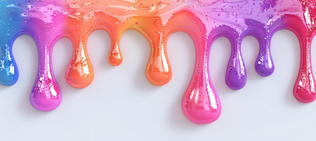 Vibrant multicolor liquid drips with air bubbles cascade down, creating an abstract, glossy texture on a clean white surface.の素材