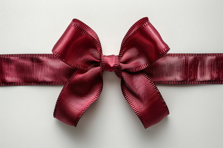 A striking deep red satin ribbon is elegantly tied into a bow, resting on a clean, white textured background, perfect for adding a decorative touch.の素材
