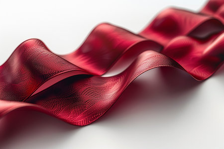 A detailed macro view of a luxurious, textured red ribbon gracefully curving and flowing on a clean white surface, highlighting its intricate pattern.の素材