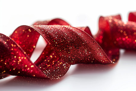 A detailed macro shot of a shiny, glittering red ribbon curled into elegant waves, with tiny gold sparkles catching the light.の素材