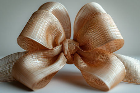 A close-up studio shot of an elegant bronze textured bow, showcasing its subtle plaid pattern and graceful loops.の素材