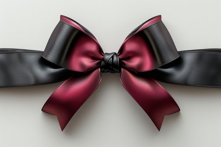 A beautifully crafted bow made of dual-tone ribbon, featuring a rich burgundy silk on the inside and a matte black on the outside, tied neatly.の素材
