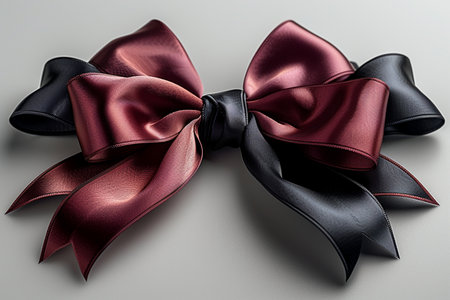 A detailed close-up shot of a luxurious satin ribbon bow in burgundy and black, showcasing its elegant texture and form under soft studio lighting.の素材