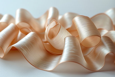 Close-up of flowing peach-colored silk ribbon with a delicate pleated texture and a contrasting woven edge.の素材
