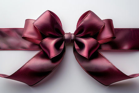 A beautiful burgundy satin ribbon tied into a decorative bow, presented on a clean white surface. Ideal for gift wrapping and event embellishments.の素材