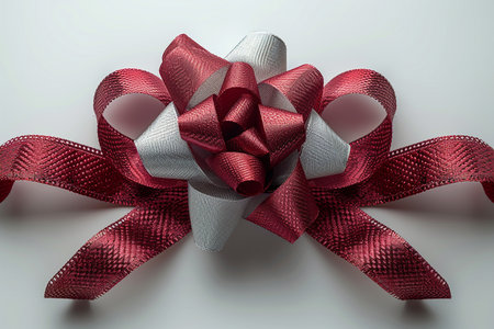 A beautiful red and silver ribbon bow, perfect for gift wrapping and festive decoration.の素材