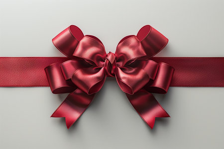 A luxurious red satin ribbon forms a perfect bow, elegantly tied around a smooth white background with a continuous ribbon strand.の素材