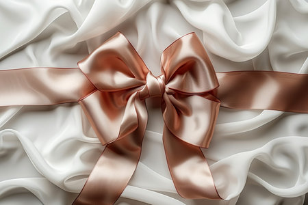 A luxurious rose gold silk bow is artfully tied on a soft, draped white fabric surface, creating an elegant and sophisticated visual.の素材