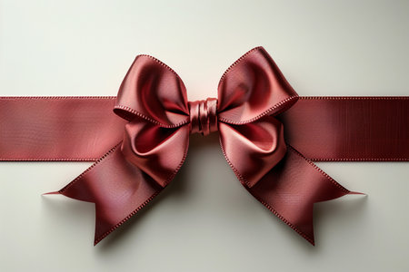 A close-up, top-down view of a detailed red silk ribbon bow, elegantly tied and casting subtle shadows on a clean, light background.の素材
