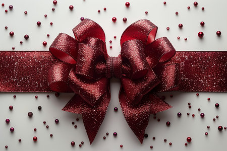 A luxurious red glitter bow with a matching ribbon, surrounded by small decorative orbs, perfect for holiday packaging and festive designs.の素材
