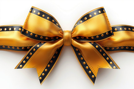 A luxurious golden satin bow with a black trim and gold stud embellishments, isolated on a clean white background. Elegant and festive.の素材