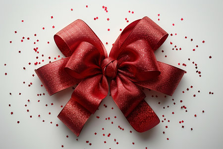 A shiny red ribbon bow adorned with glittering confetti, perfect for adding a festive touch to any design.の素材