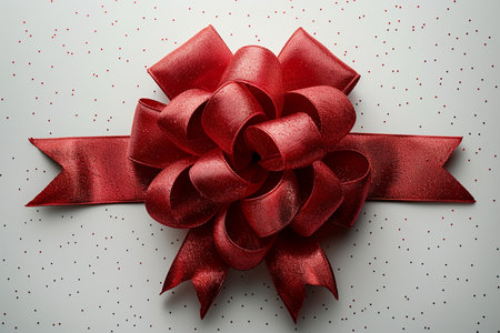A festive, close-up shot of a shiny red satin ribbon bow adorned with glitter, set against a white surface sprinkled with red confetti.の素材