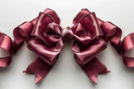 A close-up, studio shot of a beautiful, shiny deep red satin bow with intricate decorative edges, isolated on a white surface.の素材