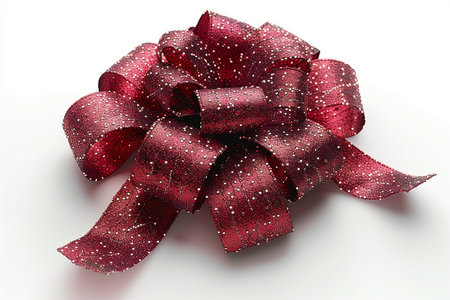 A luxurious red ribbon bow adorned with glittering white accents, perfect for adding a festive touch to gifts and decorations.の素材