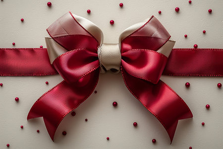 Elegant red and gold silk ribbon bow, detailed texture, surrounded by small pearl-like decorations on a subtly textured surface.の素材