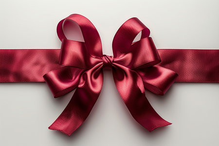 Red satin ribbon bow on white background. Flat lay, top viewの素材