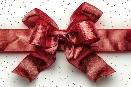 Red satin gift bow on white background with red sequins.の素材