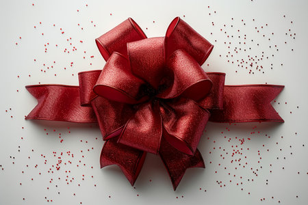 Red satin bow on white background with confetti, top viewの素材