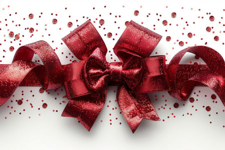 Red bow on a white background with red confetti. 3d illustrationの素材