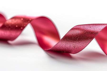 close up of a red ribbon on white background with water dropletsの素材