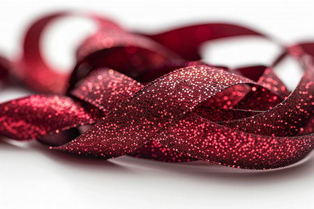 Shiny satin ribbon in red color isolated on white background.の素材