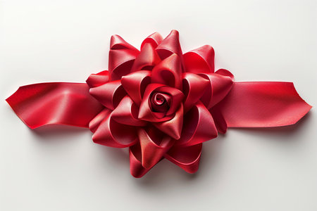 Red satin bow on white background, top view, copy spaceの素材