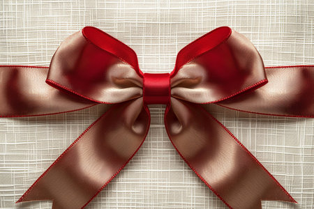 A beautifully crafted bow made of red and gold satin ribbon, presented against a subtly textured surface, perfect for gift wrapping and decoration.の素材