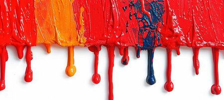 Red, blue and yellow paint dripping on a white background. Isolatedの素材