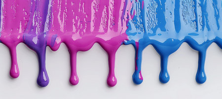Blue, pink and purple paint dripping on white background. 3d renderingの素材