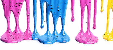 Purple, pink and blue paint dripping down on a white backgroundの素材