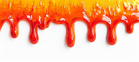 Red and orange paint dripping on a white background. Top view.の素材