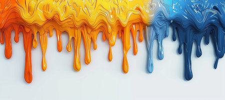 3d render of blue and orange paint dripping on white background.の素材