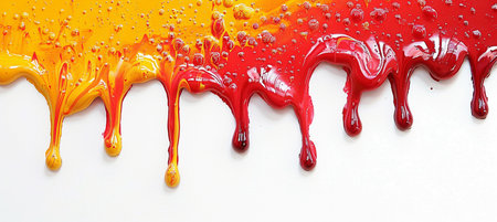 Red, yellow and orange paint dripping down on a white background.の素材