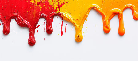 Red, orange and yellow paint dripping on white background. Top viewの素材