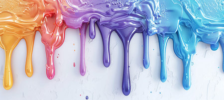 Blue, pink and yellow paint dripping on white background. 3d renderingの素材