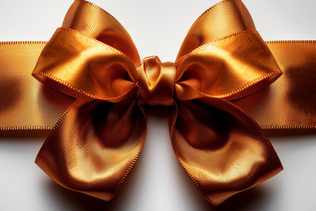 A detailed close-up of a luxurious copper orange satin ribbon tied into a perfect bow, presented in a studio setting with soft ambient lighting.の素材
