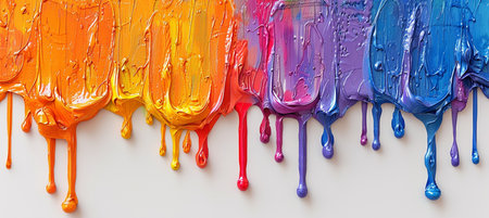 Abstract seamless pattern of vibrant, dripping paint in a rainbow gradient. Thick, textured acrylic strokes create a colorful, fluid design.の素材