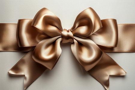 A luxurious bronze satin ribbon tied into a perfect bow, ideal for gift wrapping, event decoration, and creating a festive atmosphere.の素材