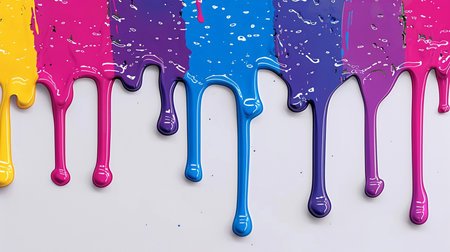 Close-up of colorful paint dripping in shades of yellow, pink, purple, and blue, creating an abstract and vivid background effect.の素材