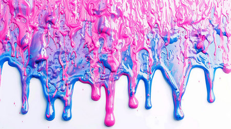 Close-up of vivid pink and blue paint dripping, forming an abstract, fluid texture against a white background.の素材